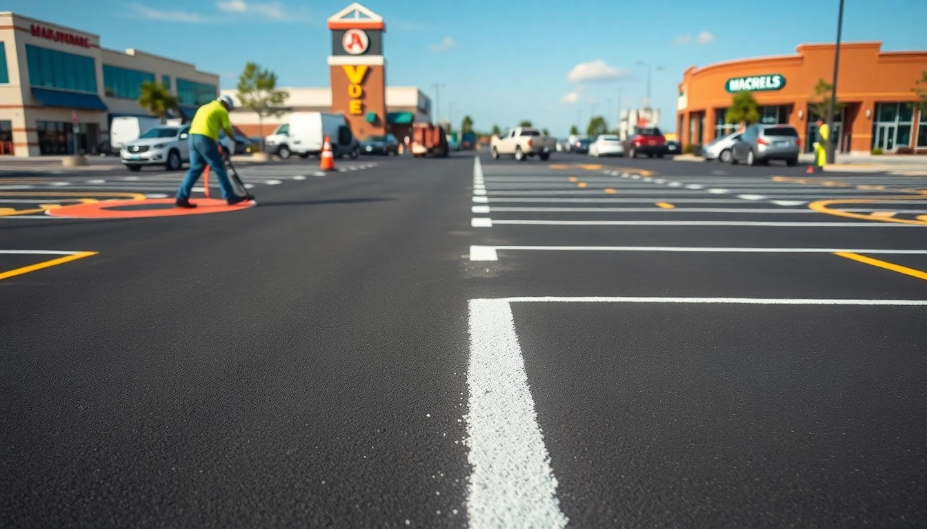 Pavement marking Jackson MS with freshly painted lines in an active commercial parking lot.