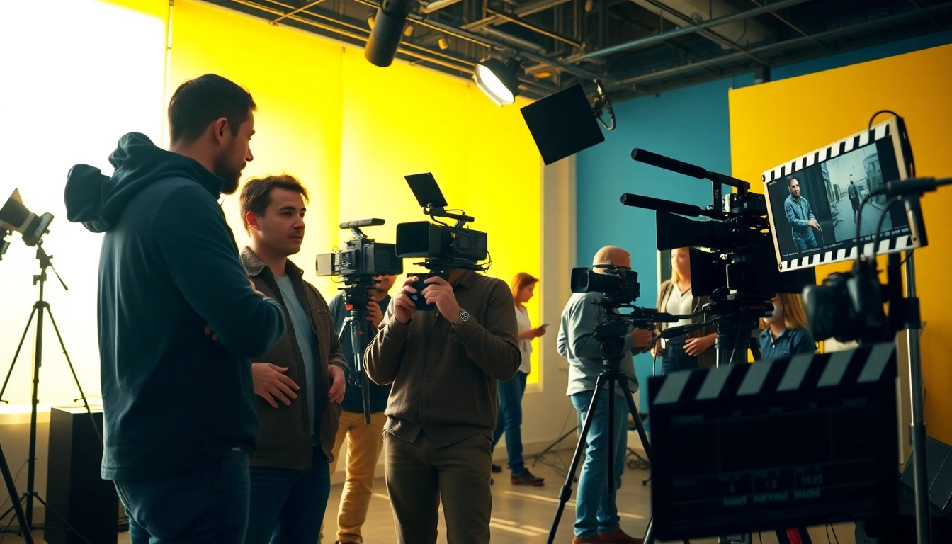 Engaging video production Calgary team collaborating on film set with professional equipment.