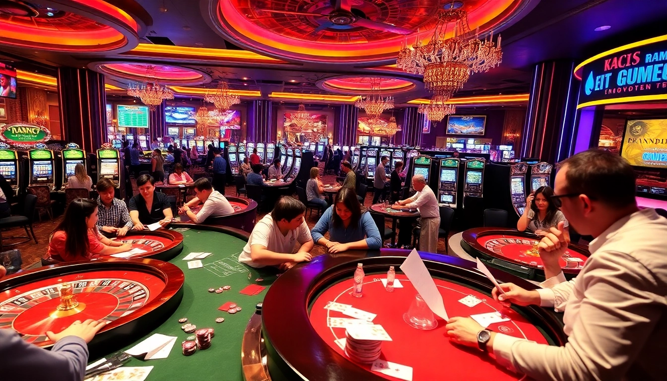 KJC AC 1 highlights the excitement of gambling with poker tables, slot machines, and vibrant casino activities.