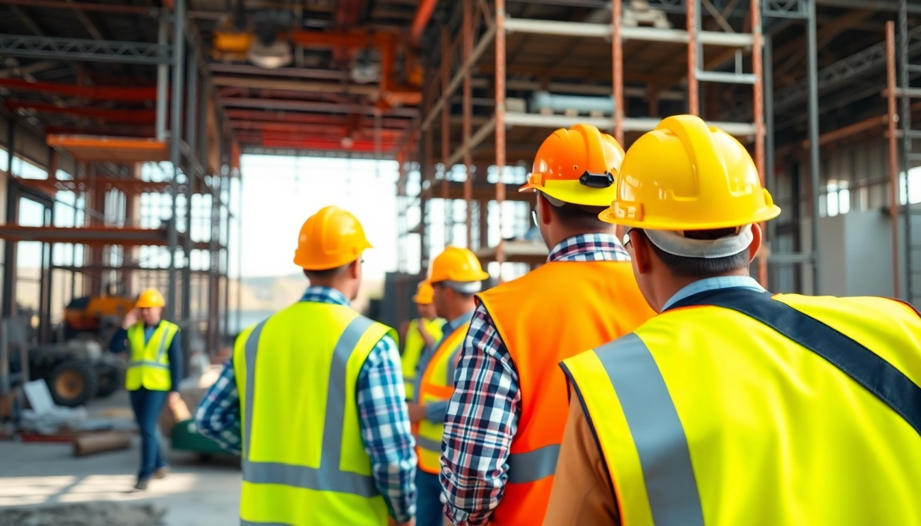 Ensure construction site safety with workers donning protective gear on an active job site.
