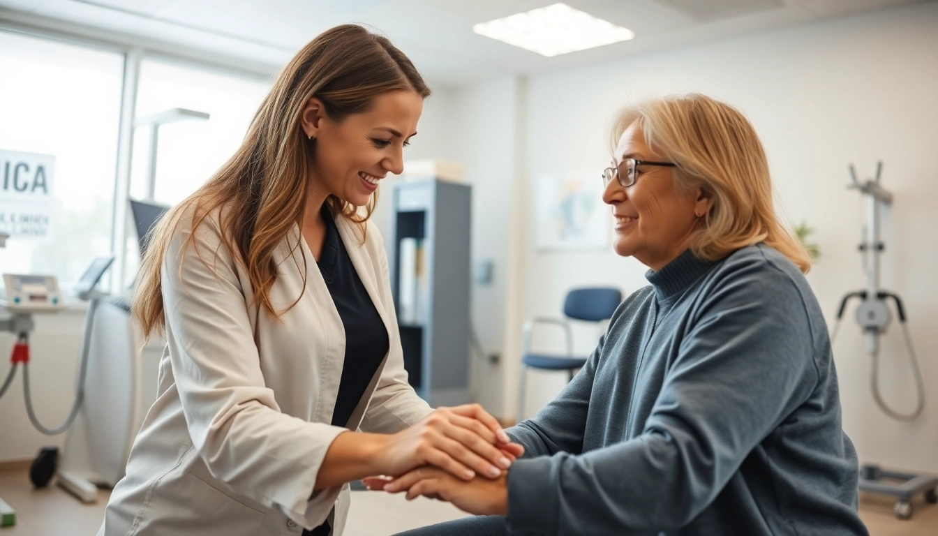 Therapist assisting a patient at AICA Orthopedics clinic, focusing on mobility exercises.
