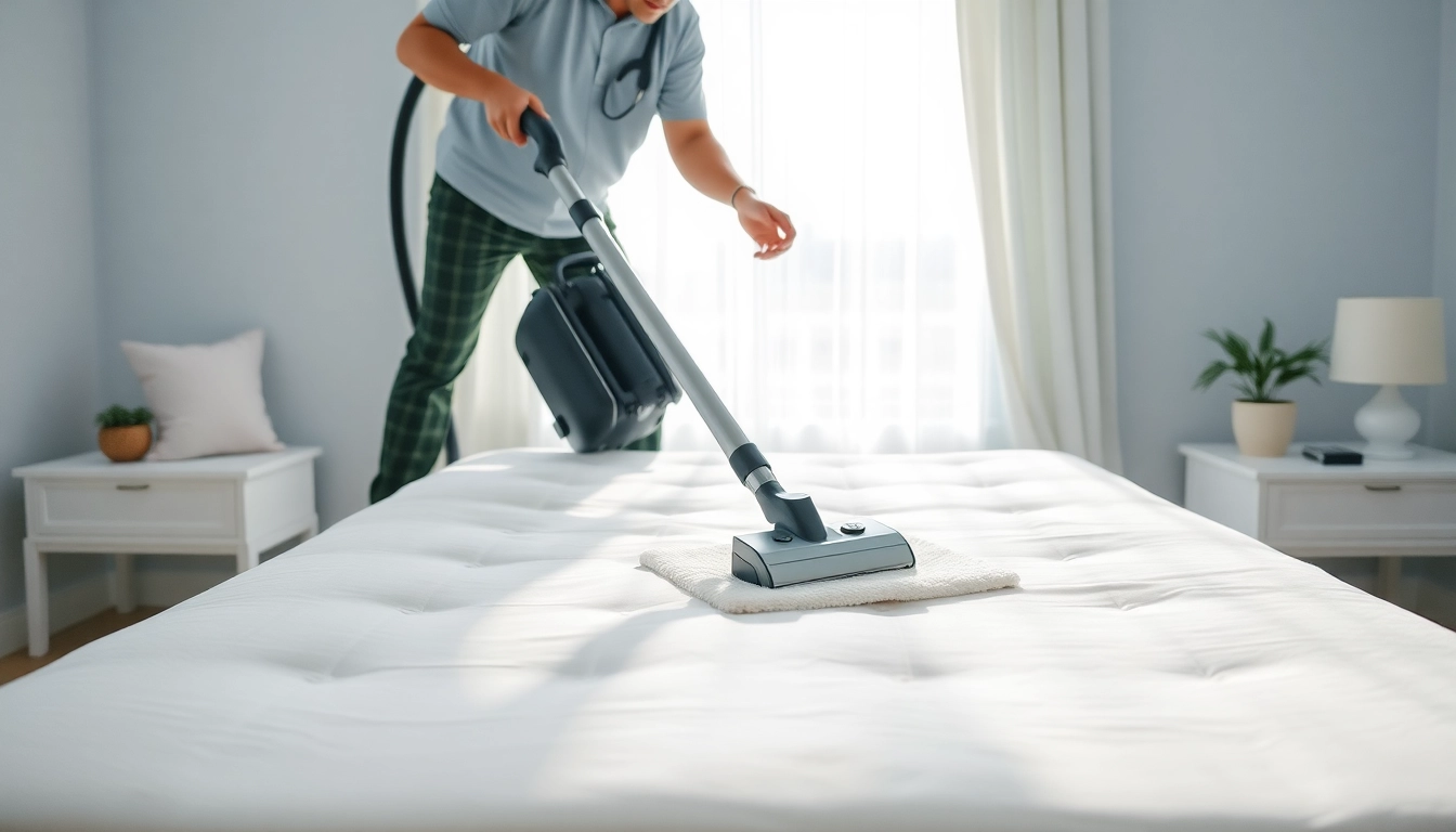 Experience top-notch mattress cleaning Dubai with a professional cleaner at work in a bright bedroom.