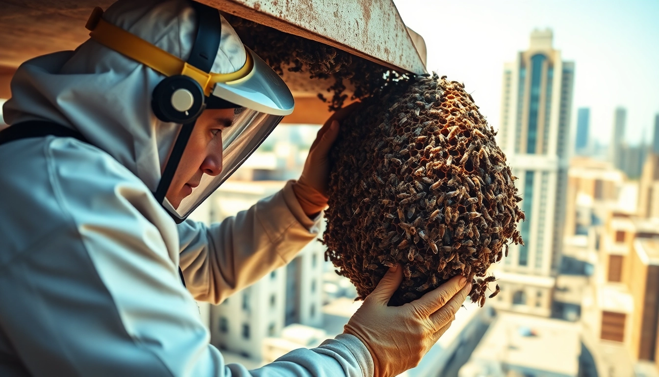 Expert performing commercial bee removal from a building, ensuring safe and professional extraction.