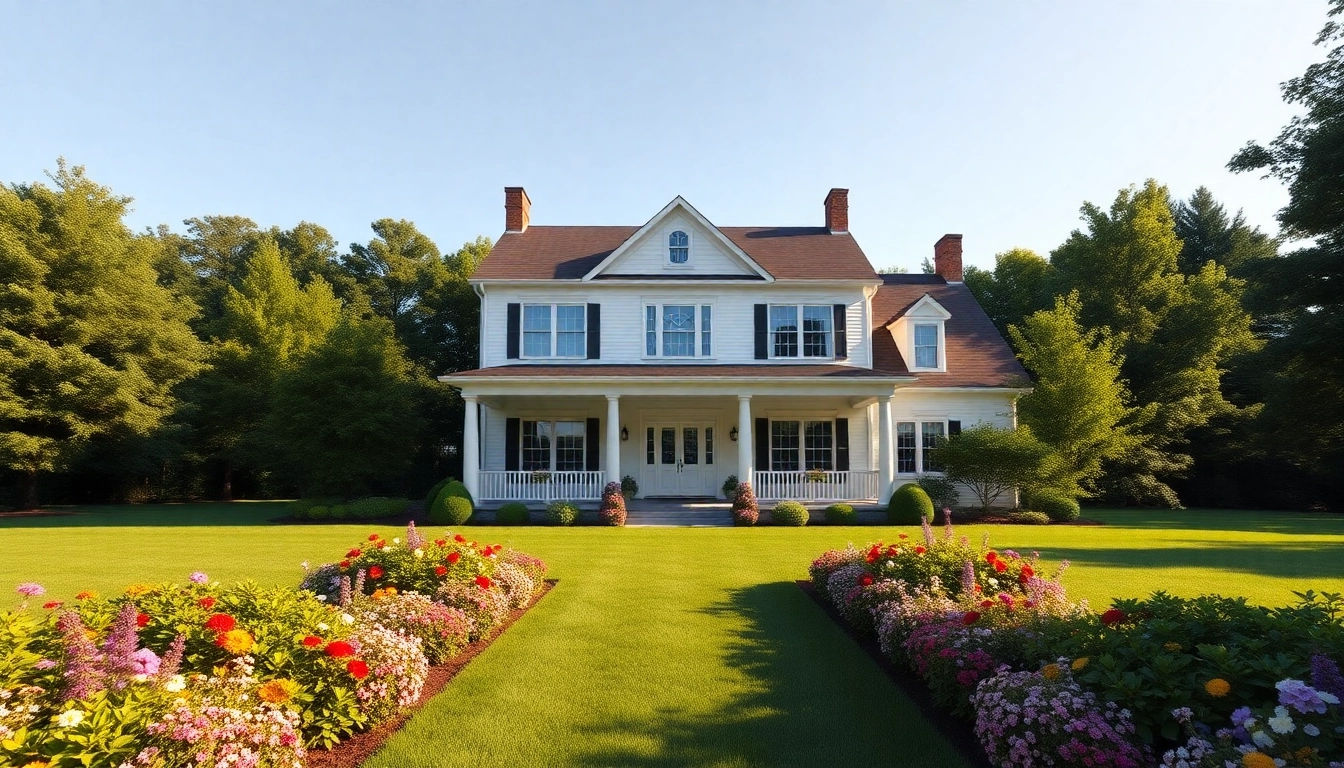 Elegant Sharon Custom Colonial New Build surrounded by beautifully landscaped gardens.