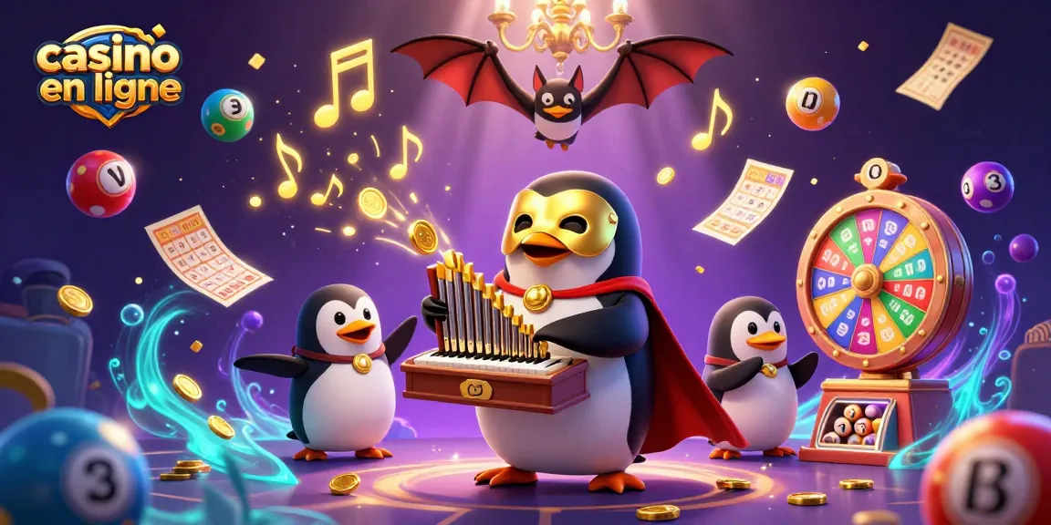 Actionner des gains avec le casino en ligne, illustré par un pingouin joueur d'orgue et des éléments ludiques.