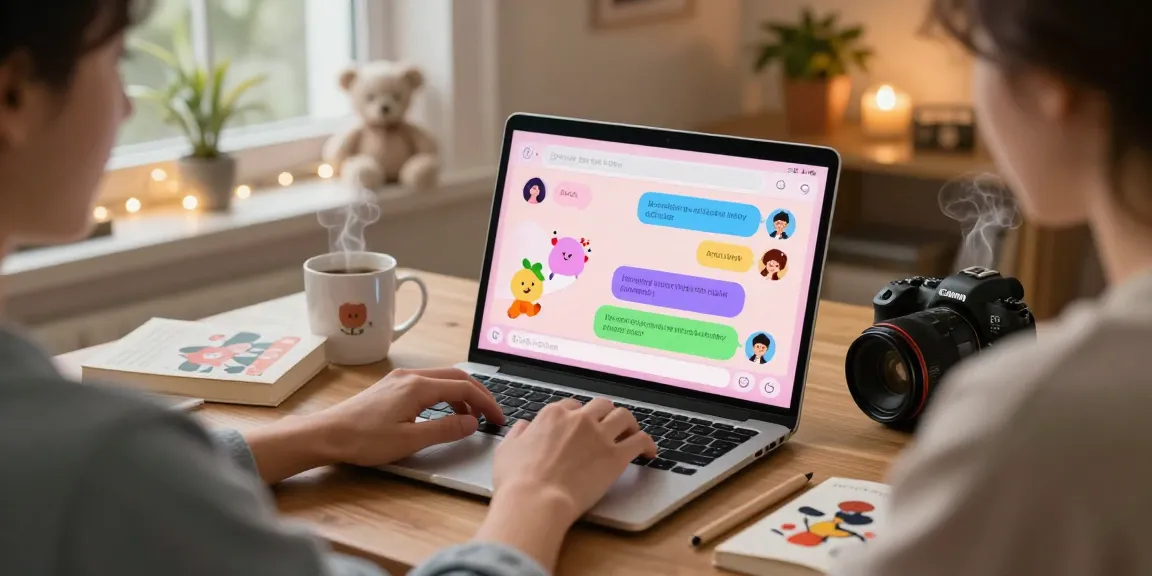 Engaging in an nsfw ai chat on a laptop in a cozy home setting, showcasing colorful interface and personal items.