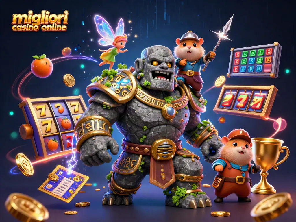 Scopri i migliori casino online con un golem magico e un cavaliere, circondati da simboli delle slot.