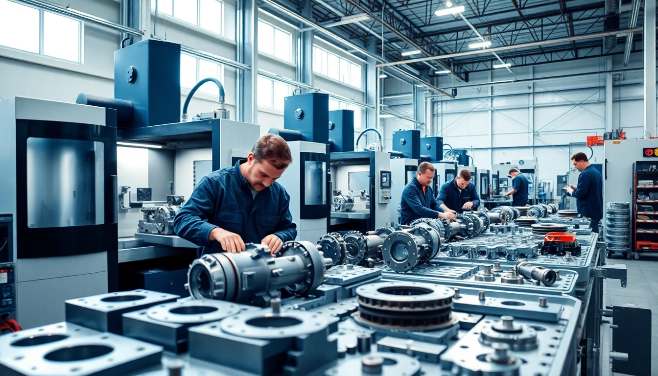 Custom part manufacturer showcases skilled technicians and CNC machines in a modern workshop.