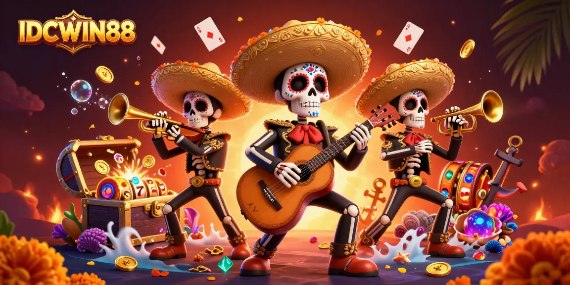 Engage with thrilling gameplay at IDCWIN88, featuring dynamic slot reels, mariachi-themed elements, and dazzling gems.