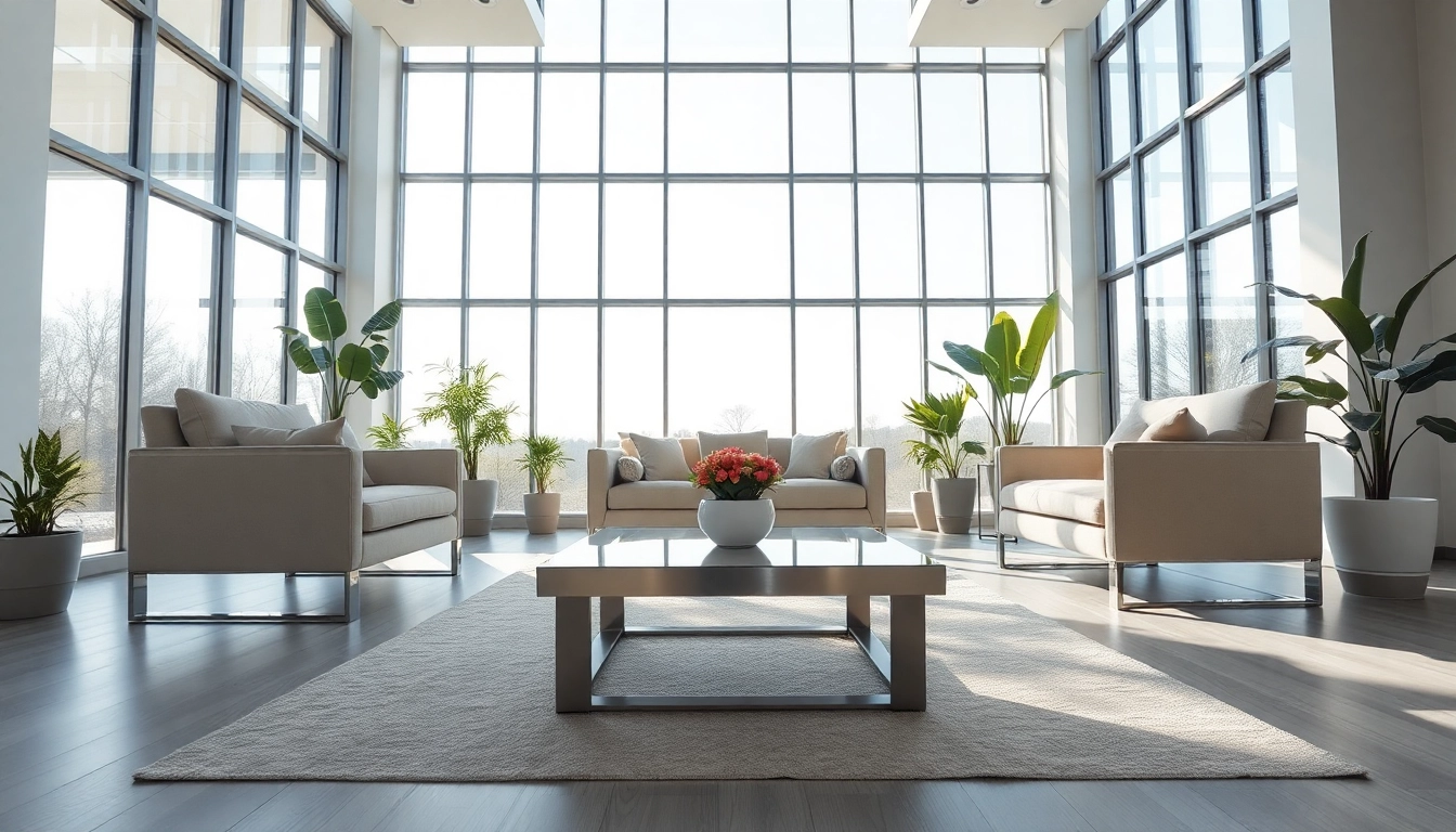 Stylish stainless steel furniture in a contemporary living space with bright lighting.