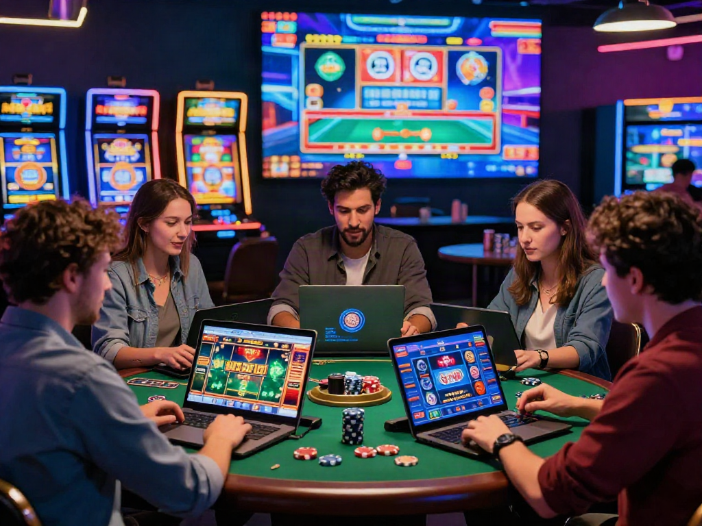 Exciting players engaging in situs casino online games at a vibrant virtual gaming table.
