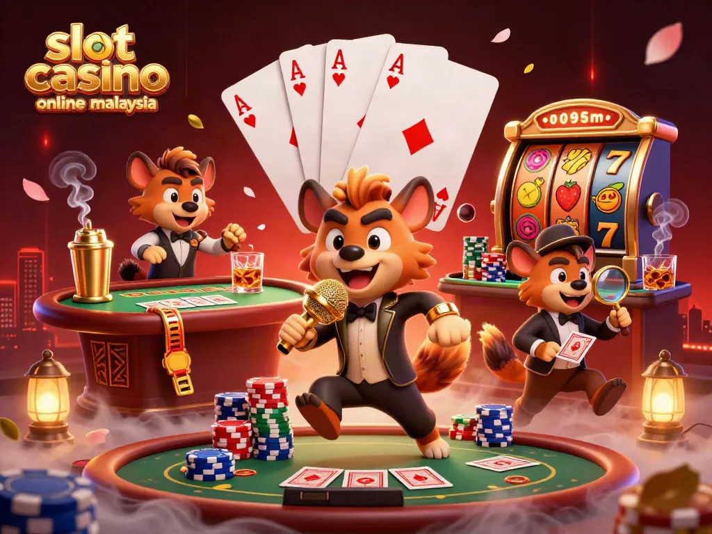 Engage with the vibrant slot casino online malaysia scene featuring lively hyenas, slot reels, and dynamic casino elements.