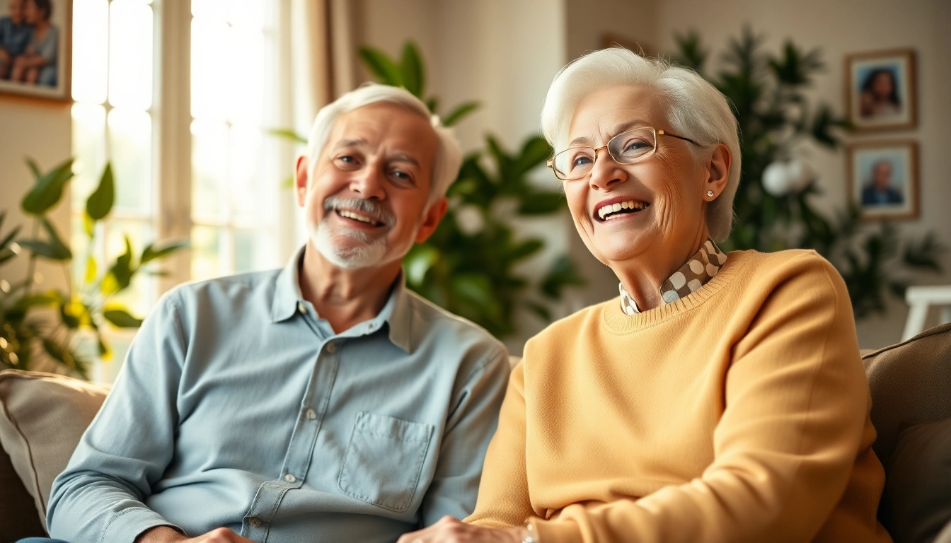 Evaluate retirement living options at https://frontidas.com with a happy elderly couple in a cozy environment.