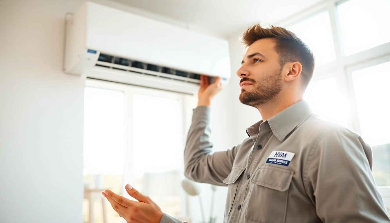 HVAC technician attending to air conditioning unit from https://nobleheatingairservices.com in a modern living room setting.