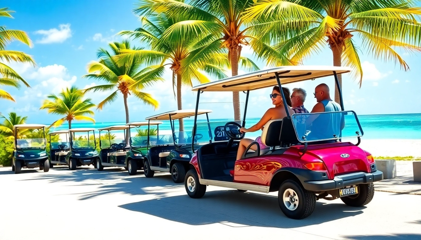 Rent a stylish 4-seater San Pedro Belize Golf Cart Rental against a tropical beach backdrop.