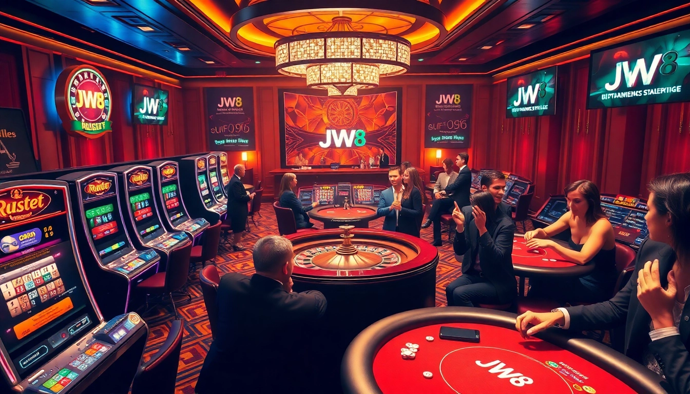Players enjoying thrilling casino games at JW8 with roulette, slots, and poker tables in an elegant setting.