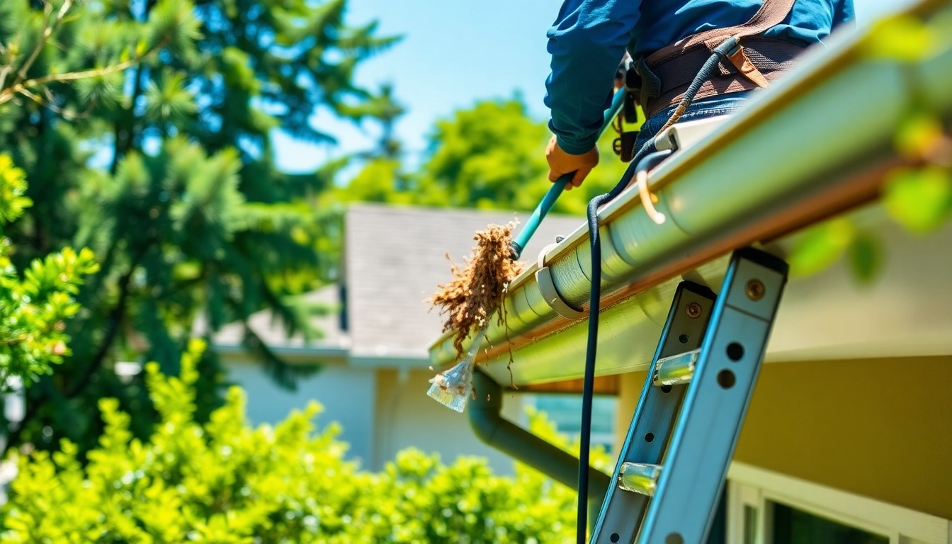 Gutter cleaning Seattle WA service with technician clearing gutters from debris in a suburban setting.