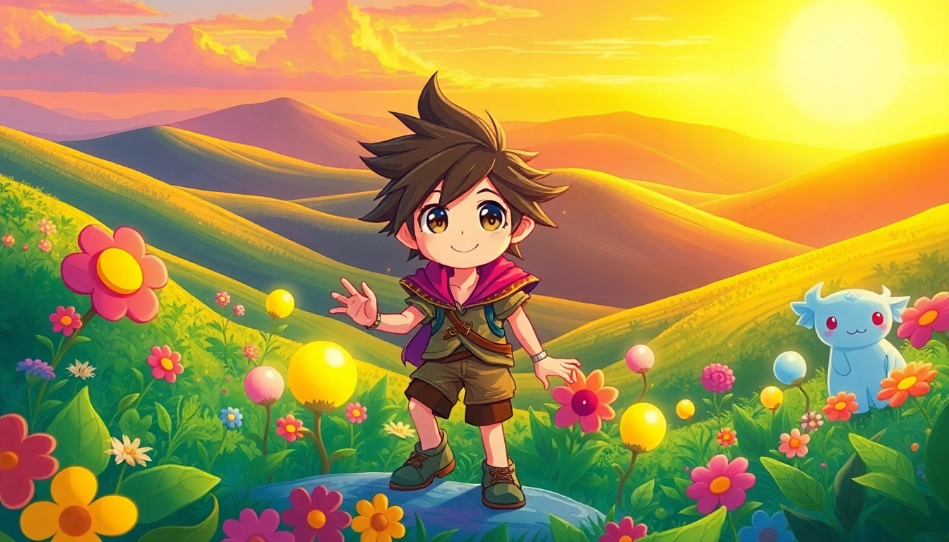Sora, a whimsical character, embodies adventure in a colorful, magical landscape.