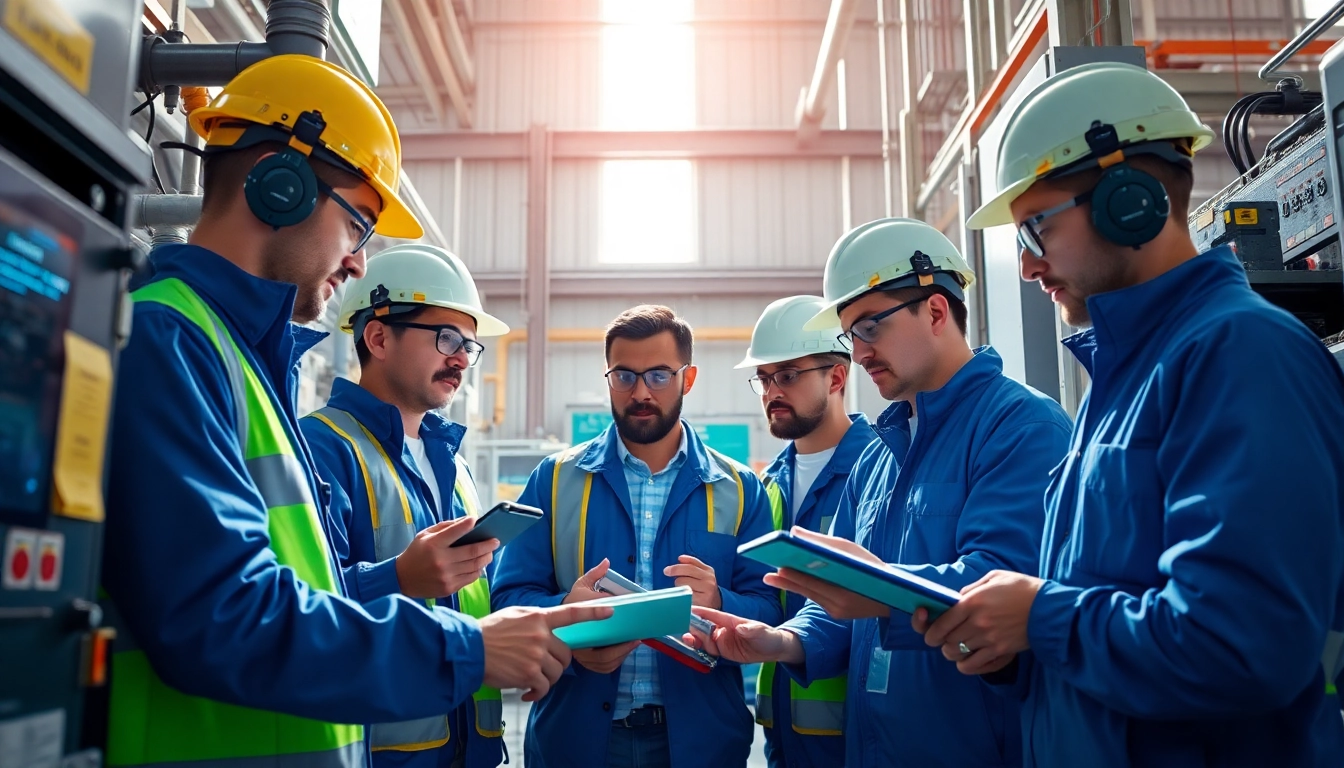 Showcasing skilled labor for energy sector, diverse professionals collaborate in a modern energy facility.