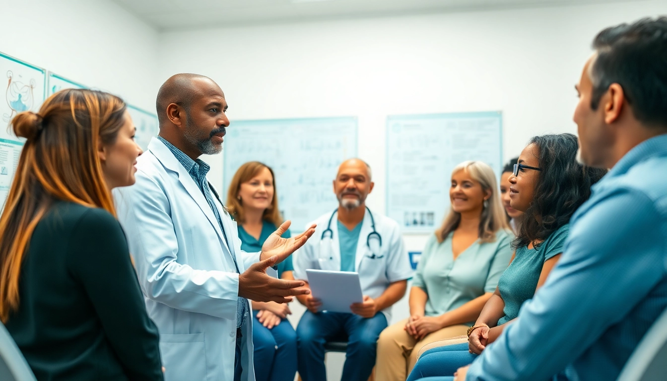 Engaged discussion on Oral Weight Loss Treatments with healthcare experts and patients in a calm clinic.