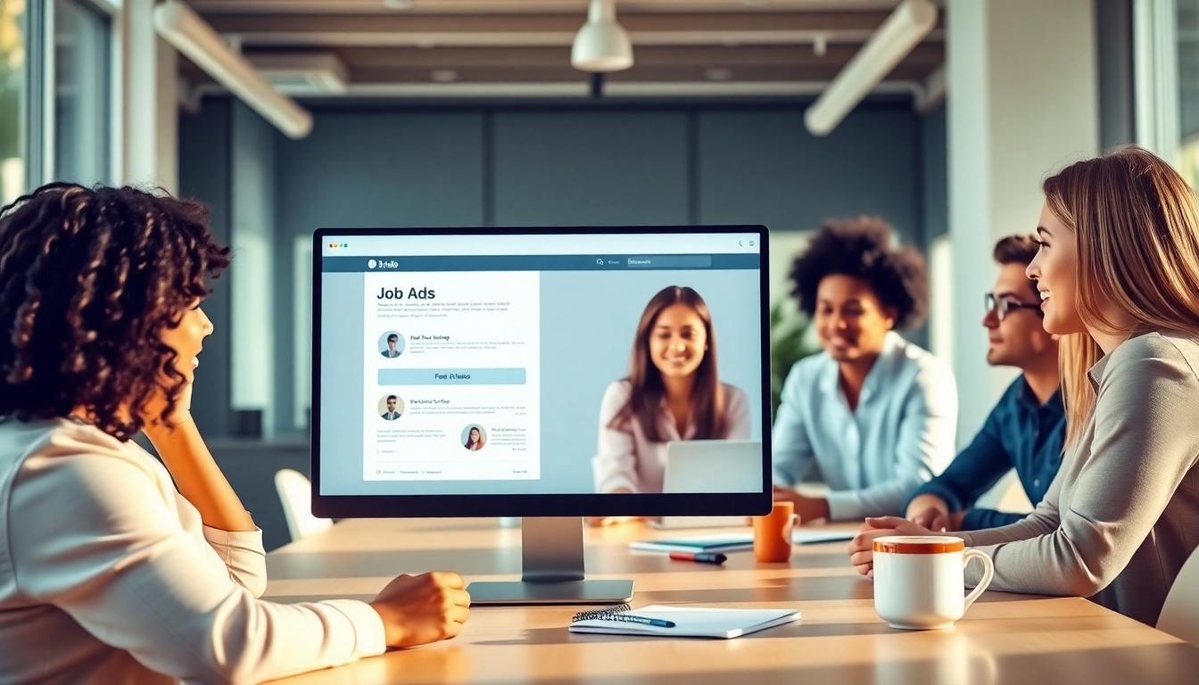 Engage users with a free job post in a vibrant office showcasing teamwork.