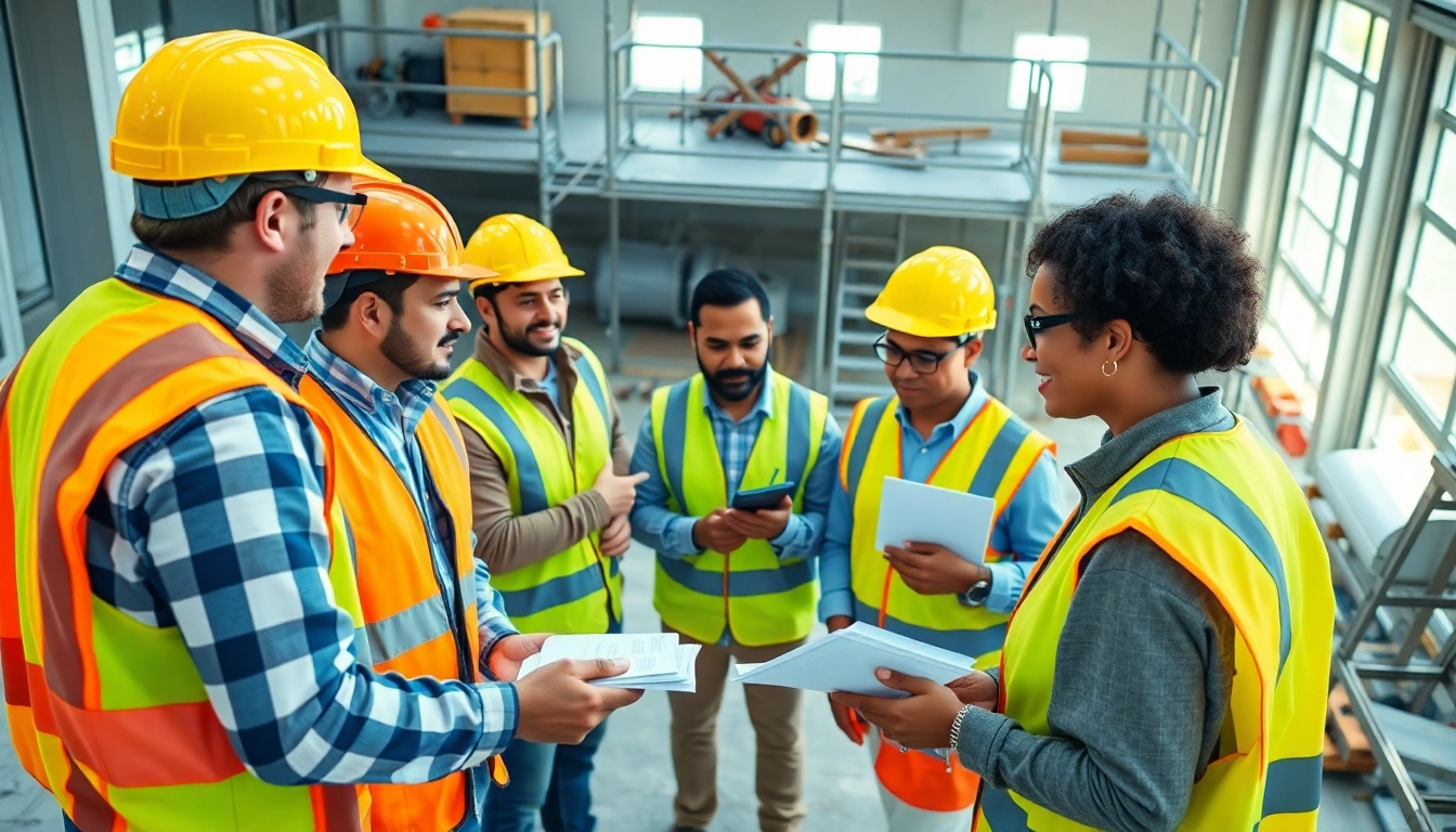 Participants engaged in construction safety training with vibrant gear at a lively construction site.