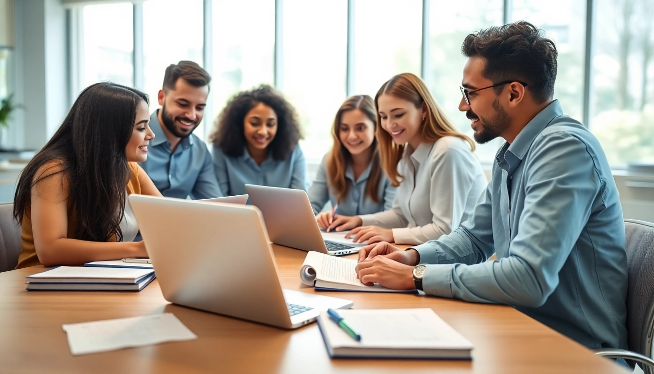 TOEFL test takers for hire collaborating in a modern classroom during a study session.