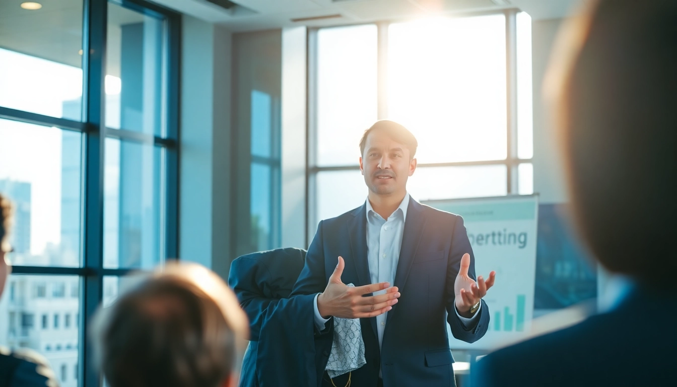Executive Communication Coach presenting confidently in a modern office setting.