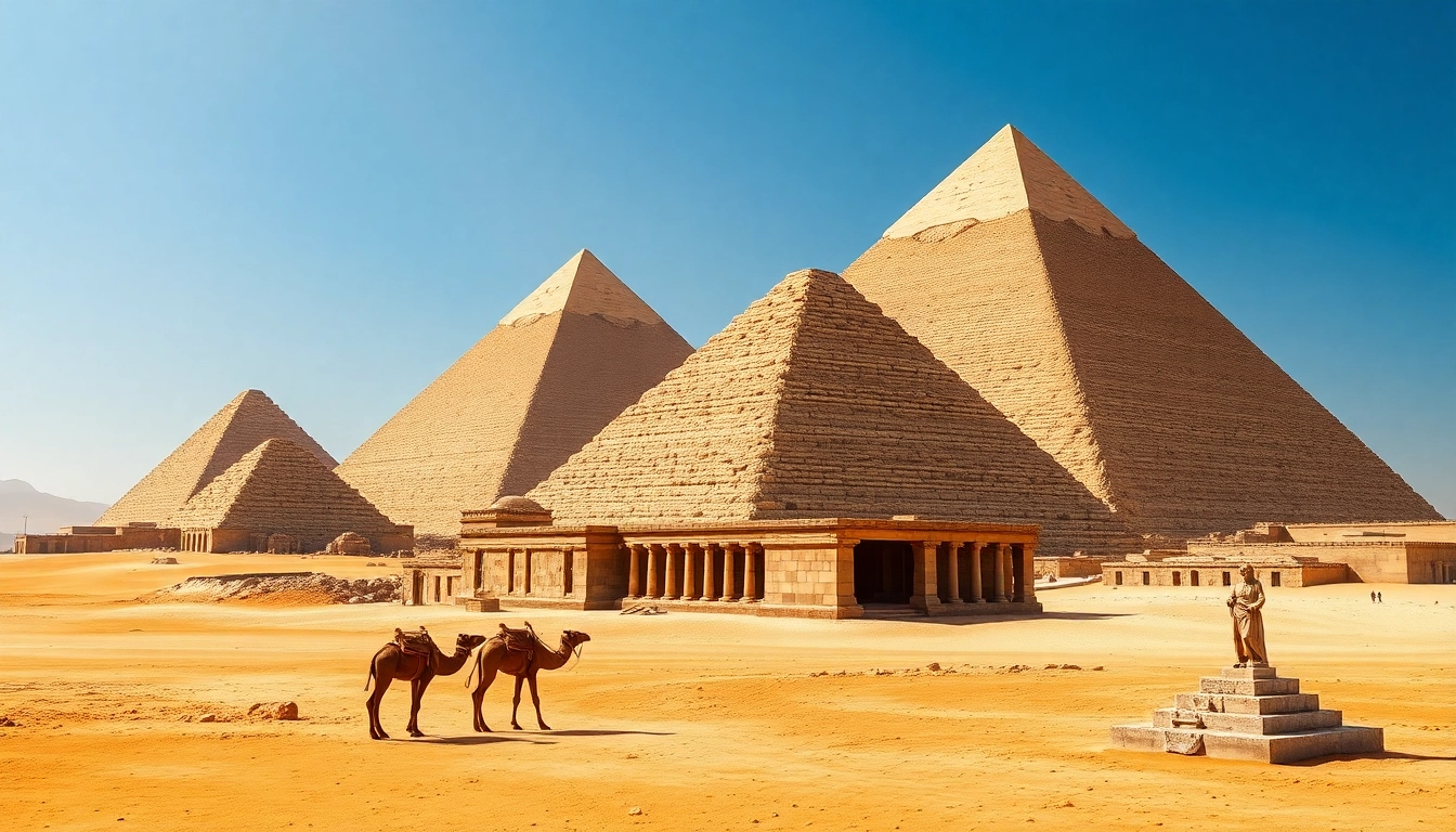 Piraminds towering against a dramatic sky, revealing their grandeur and ancient mystery.