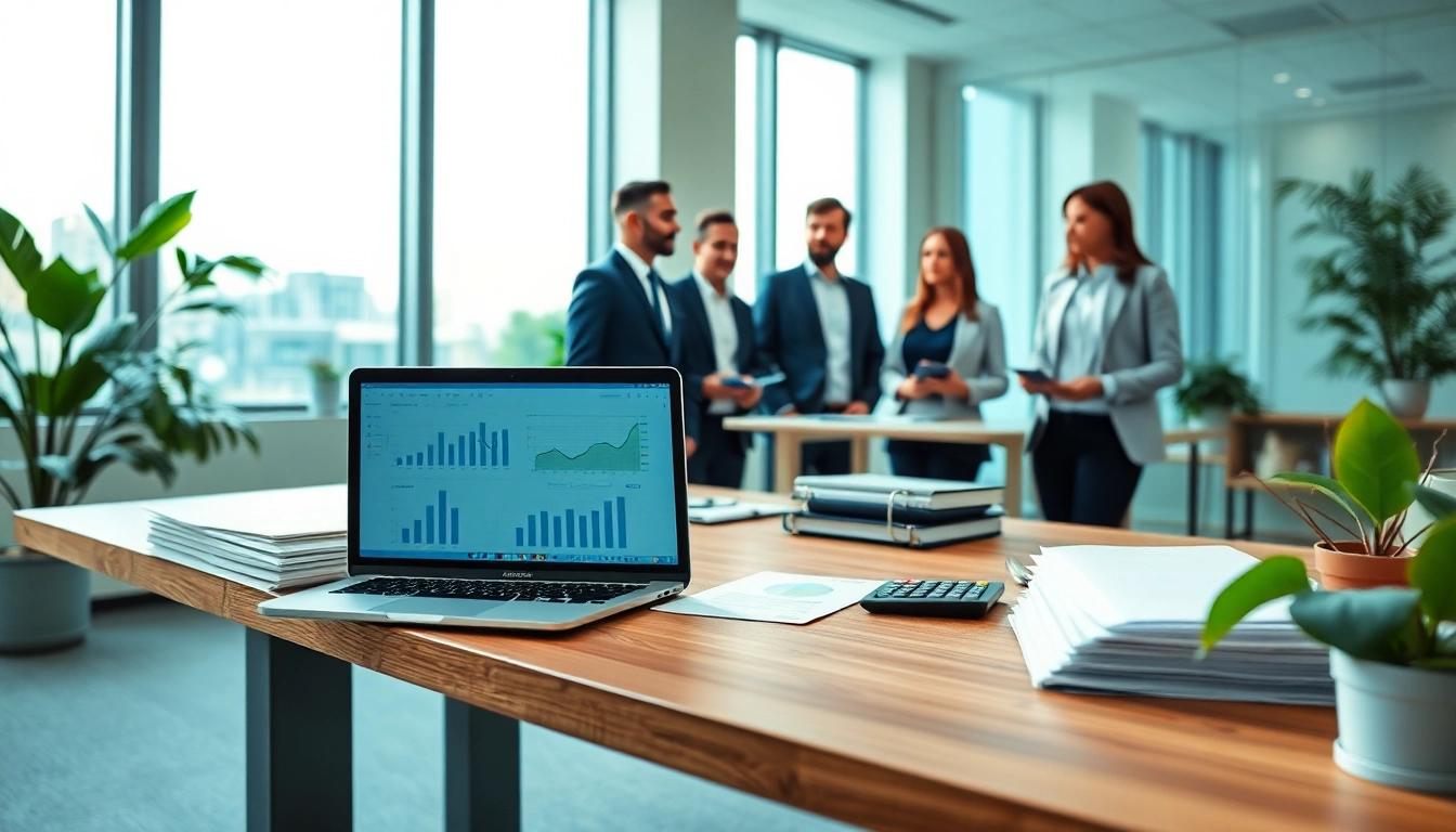Accounting and Bookkeeping Services in a modern office with professionals collaborating on financial reports.