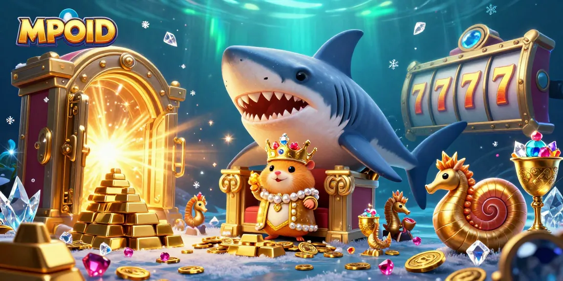 MPOID enhances gaming experiences with a golden hamster king among treasures and vibrant slot reels.