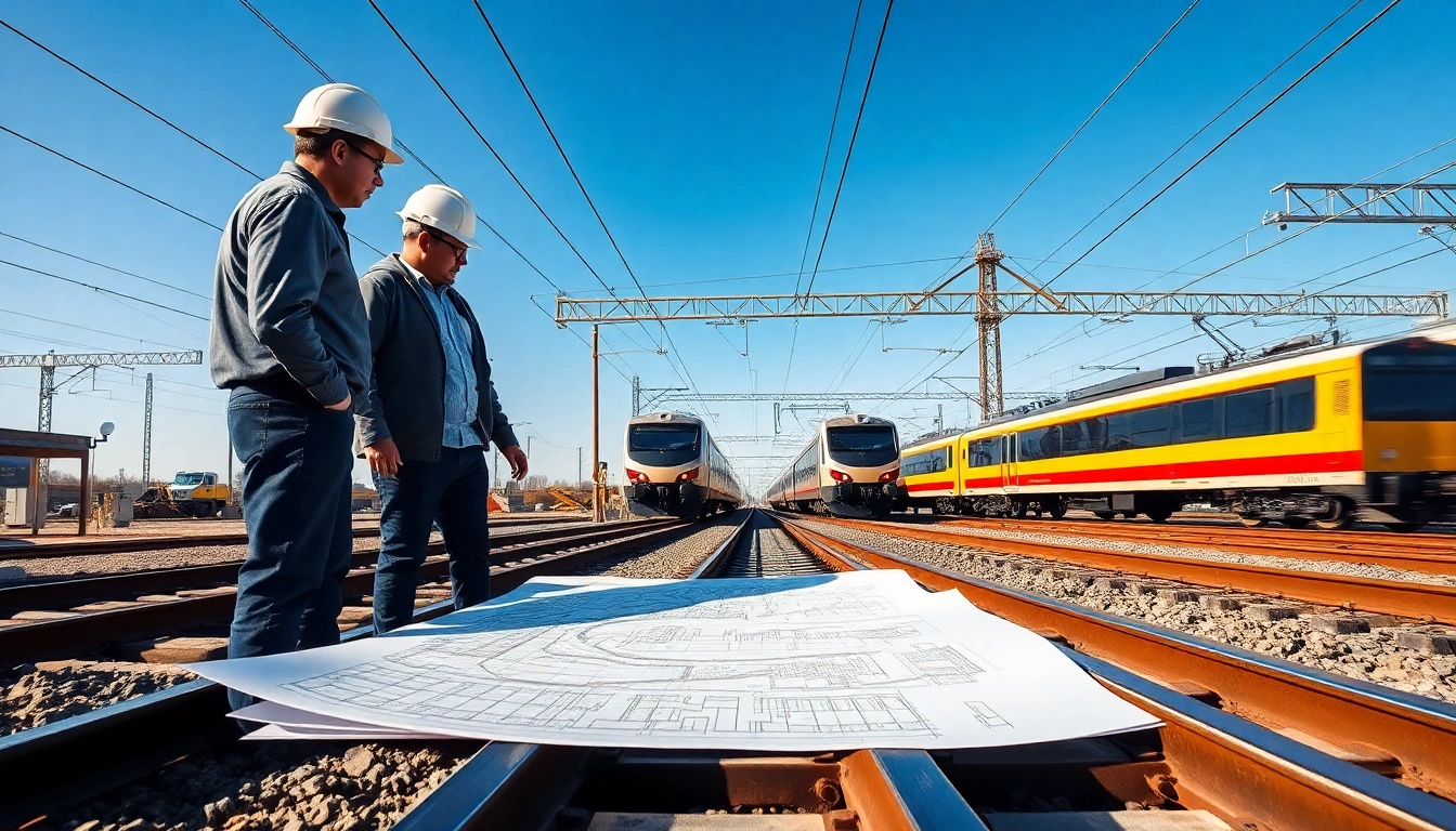 Engineers collaborating on railroad engineering plans with modern trains in the background.