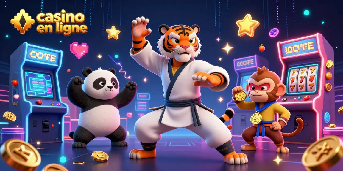 Les personnages animés au casino en ligne effectuent des poses de kung-fu entourés de machines à sous colorées.