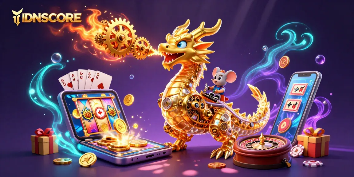 Spin to win at IDNSCORE with a whimsical scene of a golden dragon amid colorful gaming elements.