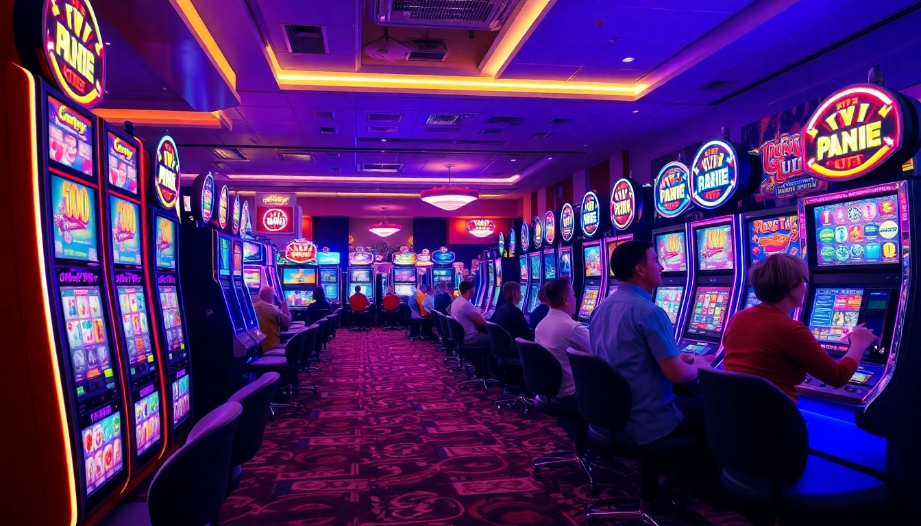 Suasana permainan qqslot777 dengan mesin slot penuh warna dan lampu terang di kasino.