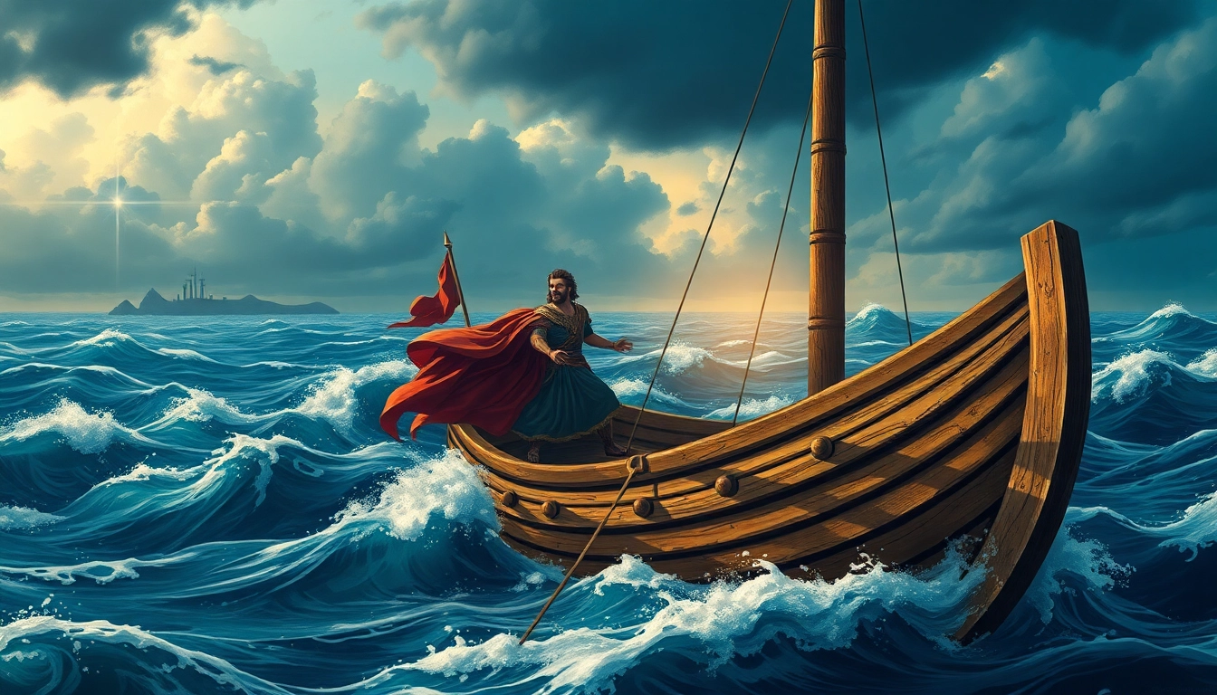 Depiction of odyssey meaning origin featuring a heroic figure on a ship amidst waves.