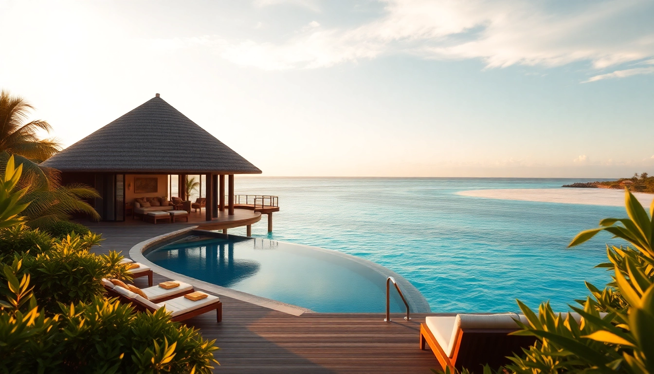 Luxury travel destinations showcase stunning overwater bungalows with private pools against a serene sunset backdrop.