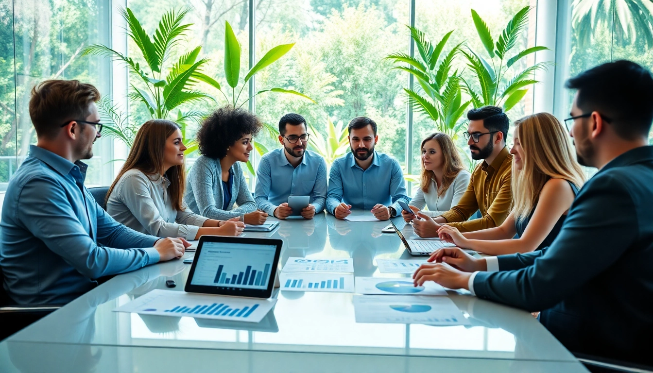 SEO company team brainstorming marketing strategies in a modern office setting.