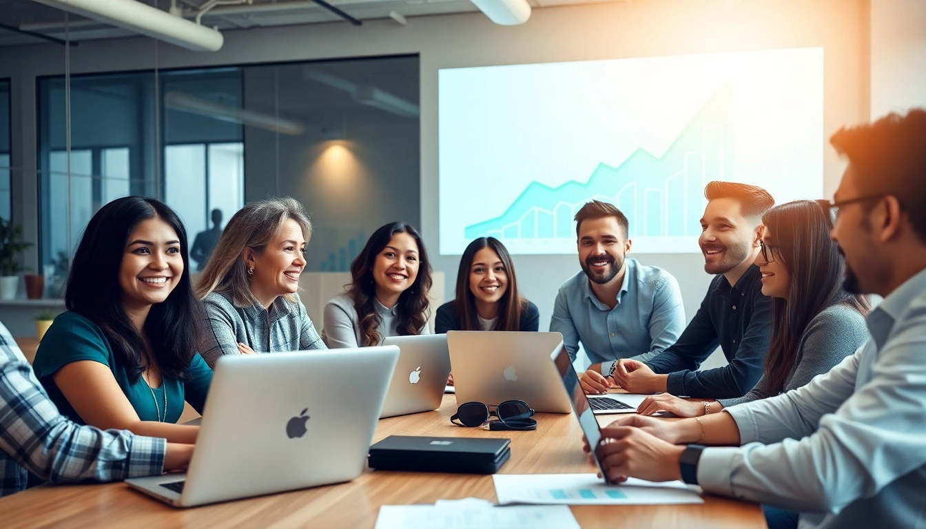 Engaged team collaborating on Growth marketing strategies in a vibrant office setting.