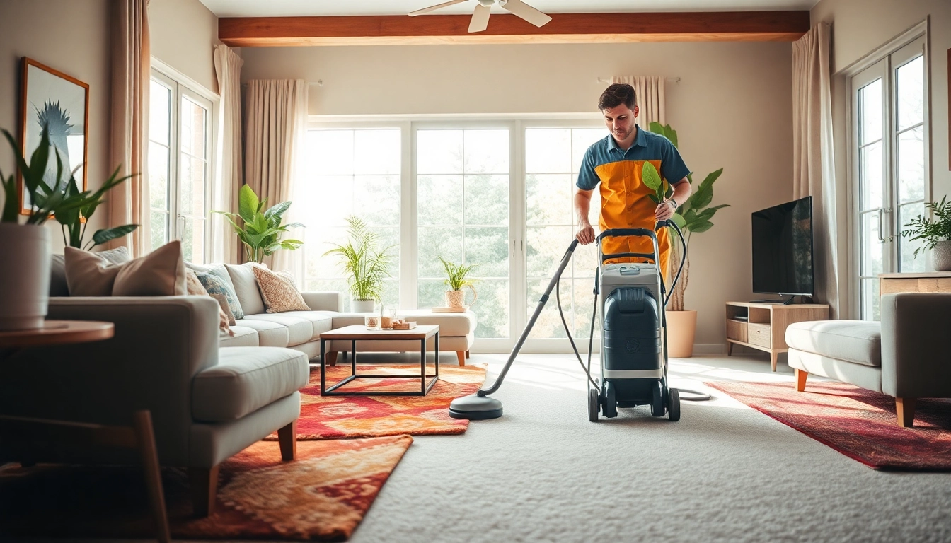 Expert carpet cleaning near me showcasing a technician using a steam cleaner in a cozy living room setting.