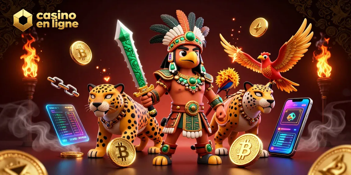 Gagnez à casino en ligne avec cette scène dynamique de guerriers aztèques et éléments de crypto-monnaie.