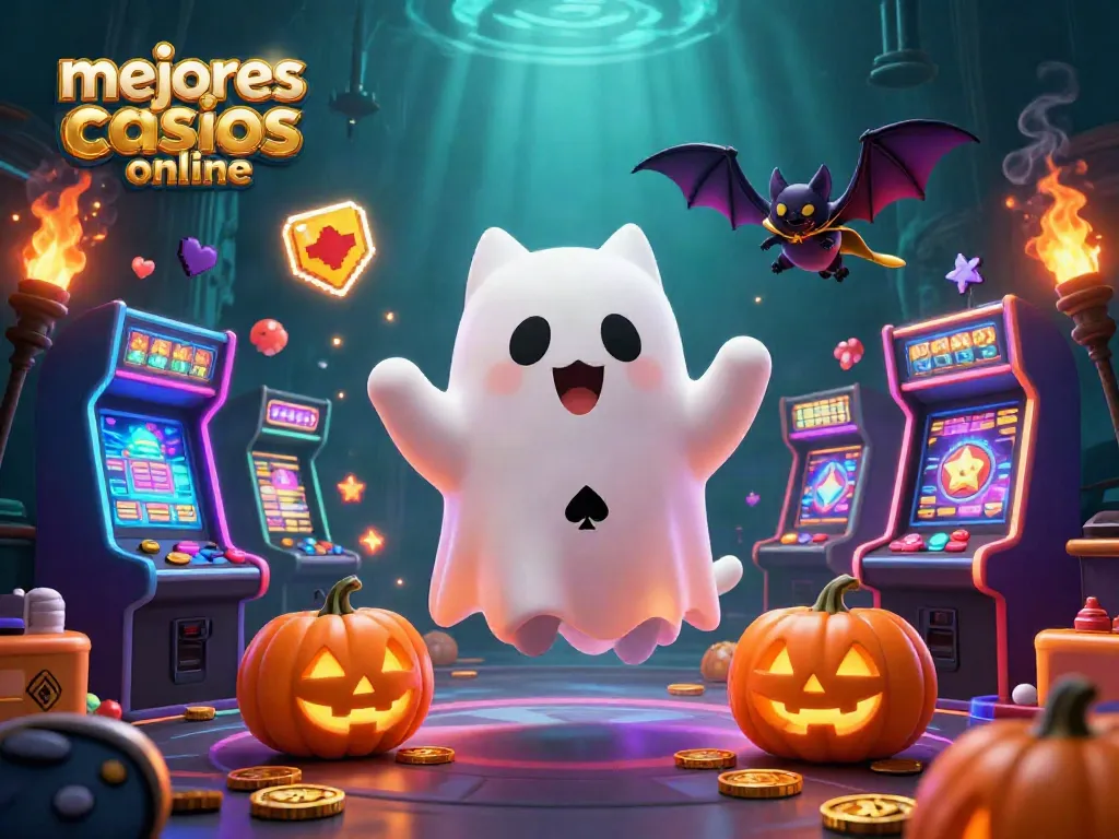 Juega en los mejores casinos online con esta pintura digital que muestra un gato fantasmal y un murciélago en una atmósfera de casino.