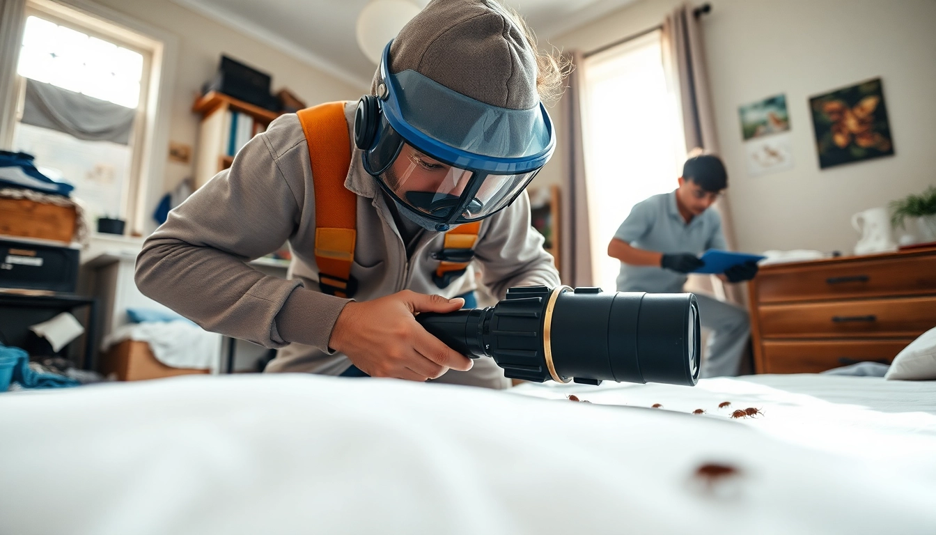 Bed bug exterminators actively treating a bedroom with specialized equipment and focused attention.
