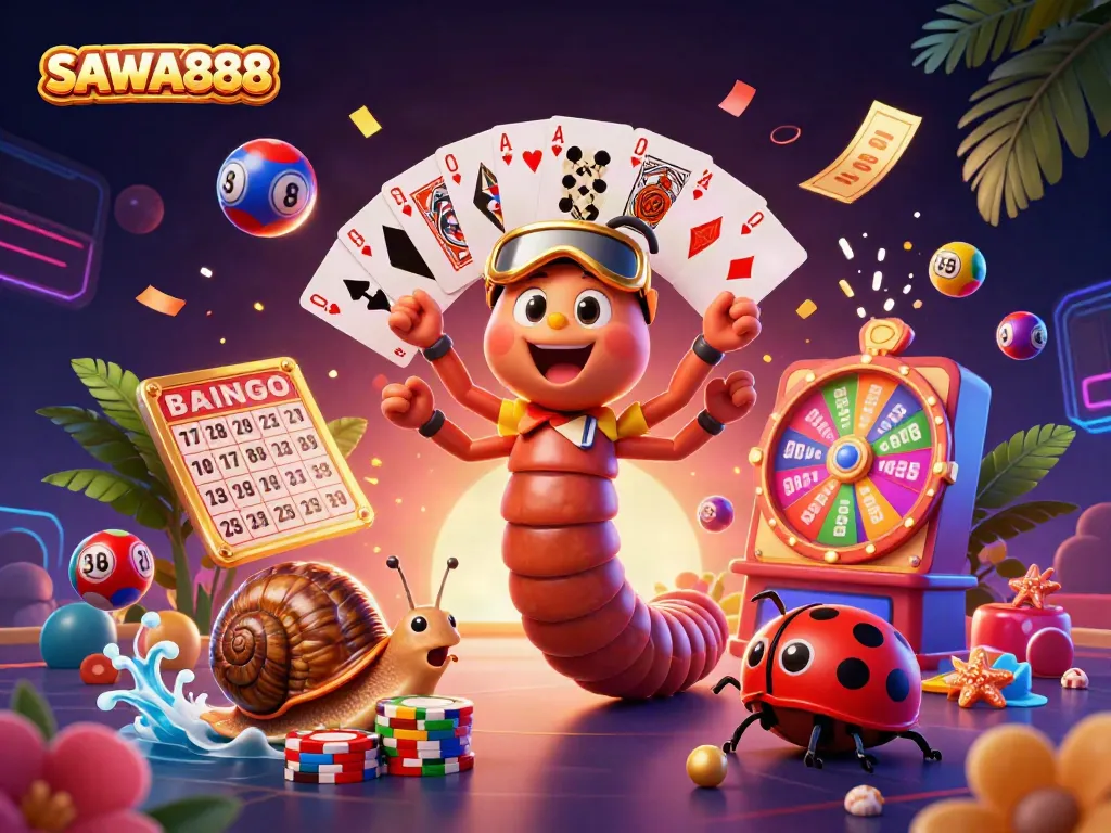 Experience SAWA888 with a dynamic scene of a cartoon casino featuring vibrant characters and elements.