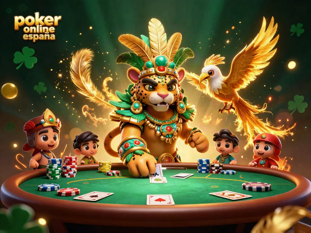 Juega al poker online España disfrutando de una escena vibrante con un sacerdote jaguar y un quetzal.