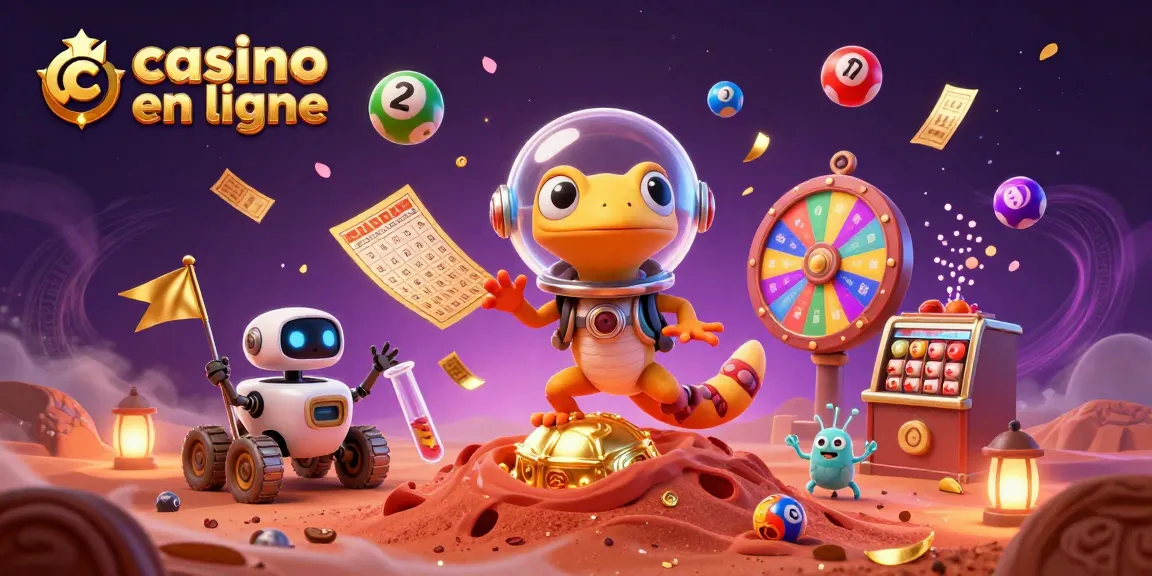 Jouer au casino en ligne dans une scène dynamique avec un gecko martien et des boules de loterie.