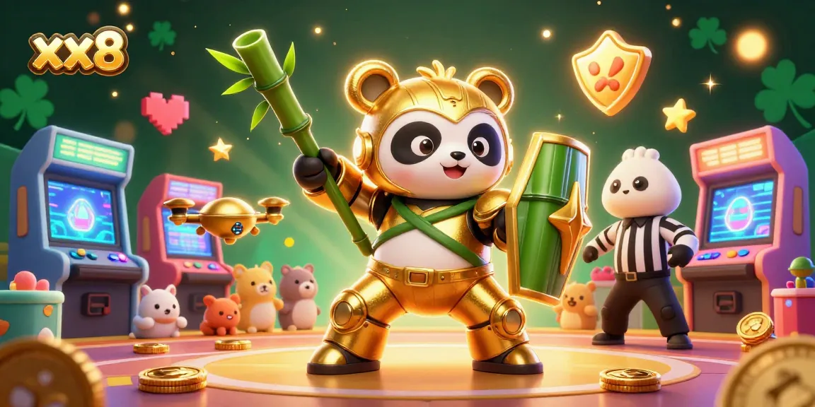 Engage in thrilling gameplay with xx8's vibrant 3D cartoon mech-suit panda and bamboo fighting robot.