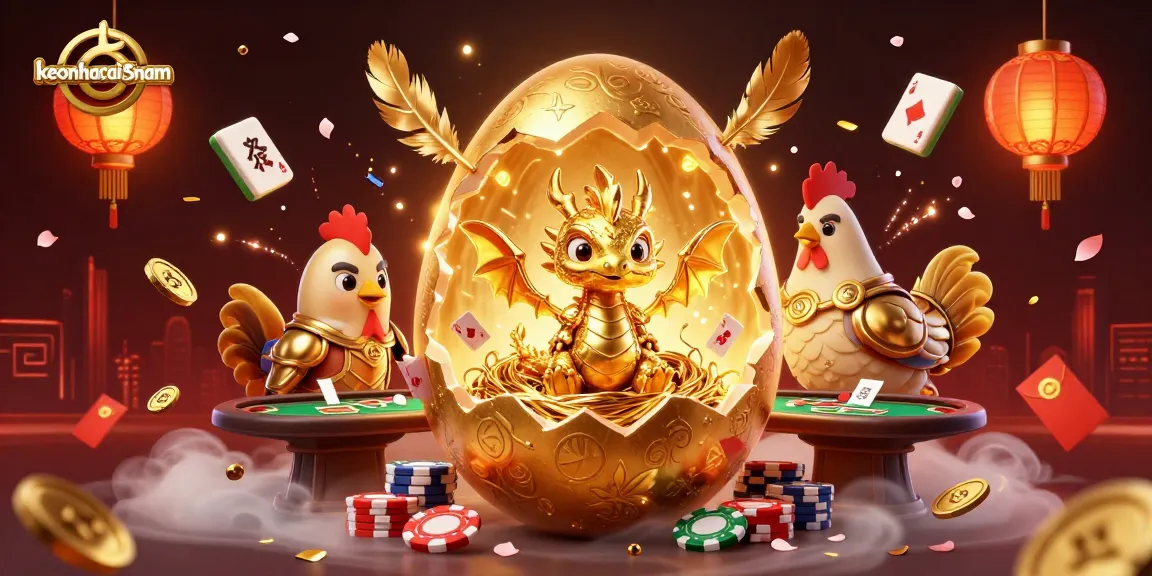 Engage with the thrilling world of keonhacai5nam, featuring a golden egg unveiling a baby dragon amid lively poker elements.