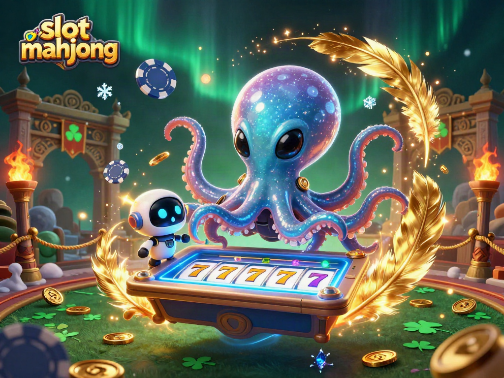 Spin and win at slot mahjong as a vibrant alien octopus and robot share the excitement!