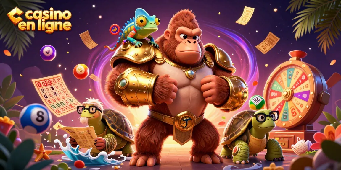 Casino en ligne: illustration animée de jeux, avec un gorille roi et un caméléon